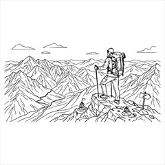 Obraz premium Hiker standing on mountain peak with trekking poles and backpack looking at landscape