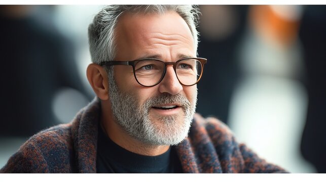 Middle-Aged Man with Eyeglasses Enthusiastically Sharing Insights in Casual Checkered Attire