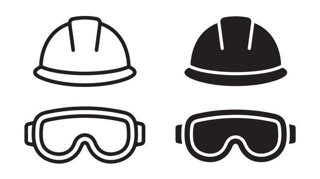 Hard hats and goggles icon set with black and white silhouettes featuring safety helmet, construction hat, safety glasses with protective gear and