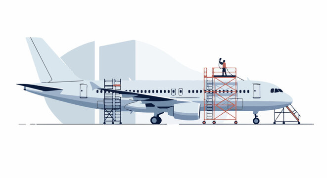 Airplane undergoes maintenance with workers on scaffolding