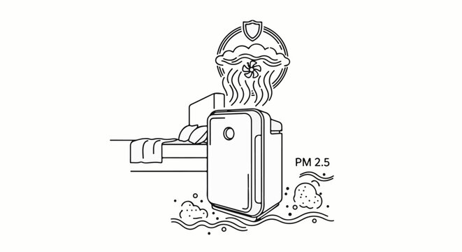 Air purifier cleaning air, filtering dust and contaminants with fan and shield