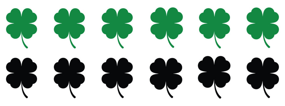 Cloverleaf icon pack, simple flat silhouette vector illustrations on white background representing luck, growth, organic nature themes, wellness branding, and elegant minimal design compositions.