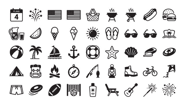 Camping and summer outdoor silhouette icon set with beach, barbecue grill, hot dog, sunglasses, fireworks and more symbols