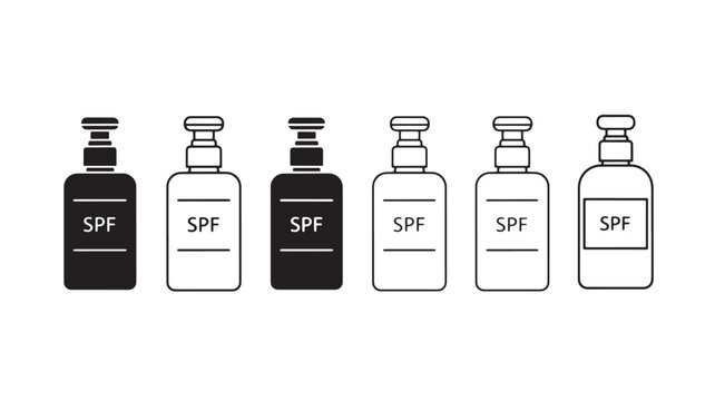 SPF skincare lotion bottles silhouette icon set for sun protection, cosmetic branding, and dermatology themed graphics
