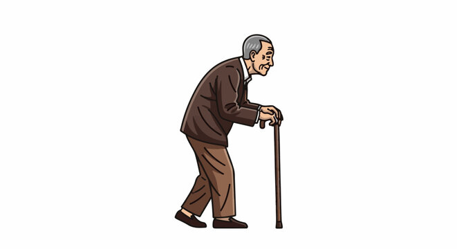 An elderly man walks slowly with a cane, his body bent with age