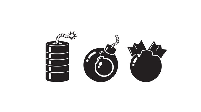 Bomb set with stick and dynamite cylinder, cartoon black silhouette featuring explosive, illustration, icons with explosive device and dangerous