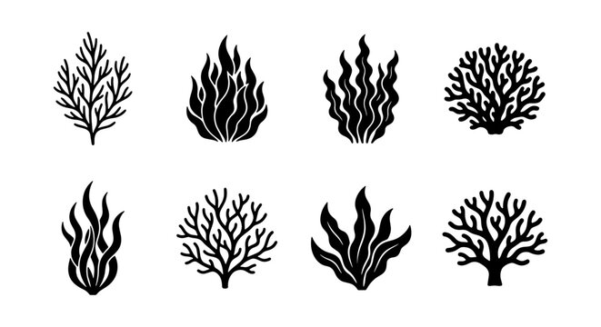 Set of 8 Black Seaweed and Coral Icons, Marine Plant Vector Graphics for Underwater Design Elements