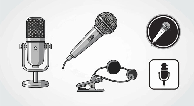 Assortment of microphones, including stand, handheld, and lavalier styles