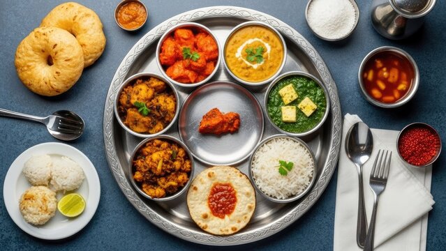 colorful indian thali meal with assorted vegetarian dishes on metal tray
