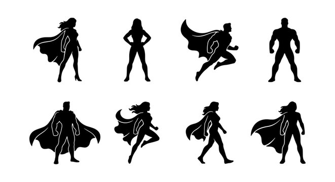 a set of eight superhero silhouettes in various dynamic poses on white background