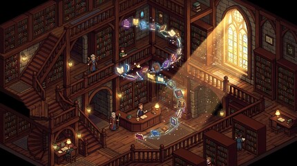 Fototapeta premium Magical floating books swirl within a grand fantasy library for ancient scholars