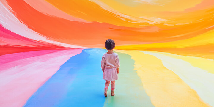 Child standing in rainbow colored imaginary world. ASD, autism spectrum disorder, Asperger's syndrome awareness concept