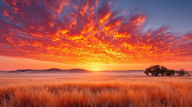 A vibrant sunrise illuminates a golden wheat field, with brilliant orange and red clouds dominating the vast sky above a gentle, misty horizon and a small cluster of trees.