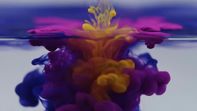 Close-up abstract of blue liquid mixing with clear water creating smoky patterns and delicate bubbles showing fluid dynamics and vibrant colors with a clean background
