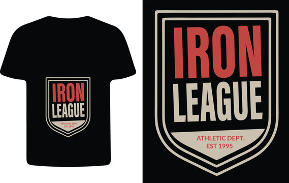 Iron league emblem design on black t shirt mockup