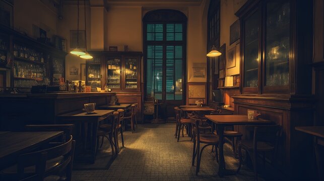 establishment. Vintage Italian bar interior with dark wood furniture and warm yellow lighting. real-estate listings.