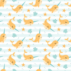 Ocean seamless pattern with cute narwhal, shell and starfish. Cartoon sea animal background. Nautical repeat design. Kids vector illustration. © JulzaArt