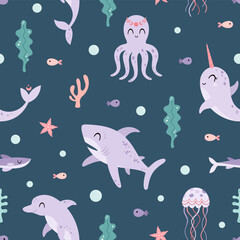 Fototapeta premium Cartoon ocean animals seamless pattern. Cute sea background. Nautical repeat design. Kids vector illustration.