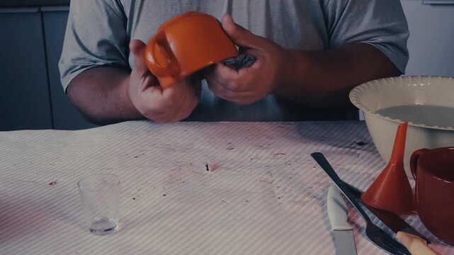 Male hands drying a spoon with a dishcloth.