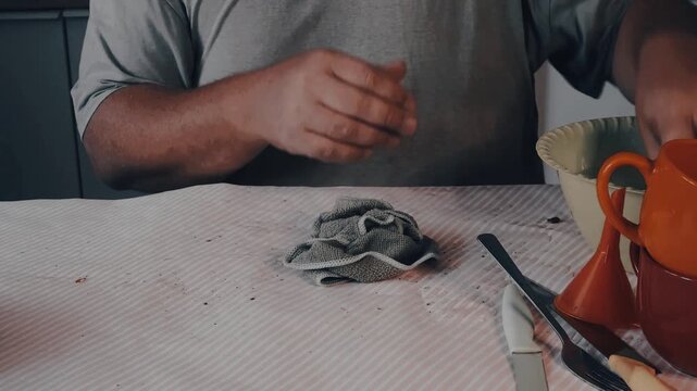Male hands drying a spoon with a dishcloth.