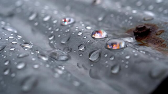 close up of water droplets on weathered corrugated metal featuring reflections of colorful lights and a rusty bolt symbolizing nature and decay with a macro perspective