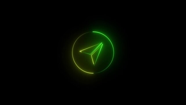 Neon glowing yellow and green color telegram icon isolated on black background. 