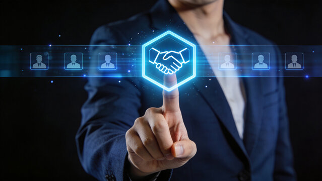 Business Partnership Agreement Concept with Digital Handshake Icon, Networking, Collaboration and Corporate Deal Technology Interface