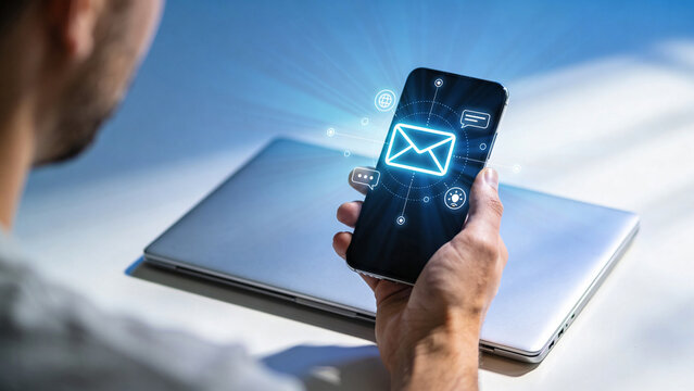 Businessman Holding Smartphone with Email Notification Interface, Digital Communication and Messaging Technology Concept