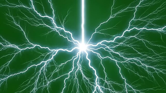 Electric lightning bolt on green background highlighting geometric patterns and contemporary art