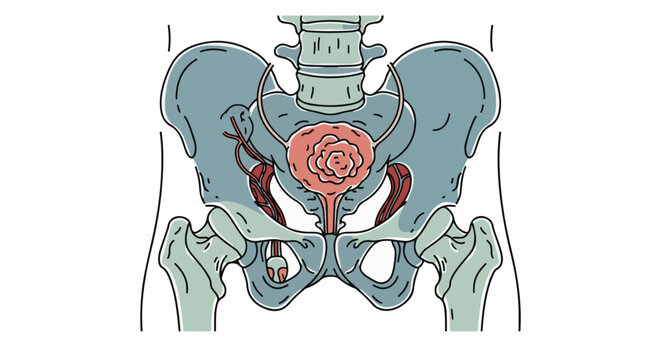 Anatomical illustration of the human pelvis with reproductive and urinary organs