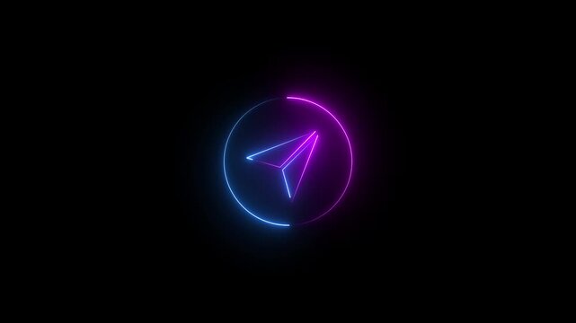 Neon glowing blue and pink color telegram icon isolated on black background. 