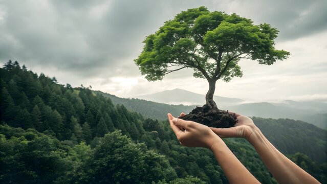 Hands nurturing lush green tree sapling growing from soil against misty mountain landscape