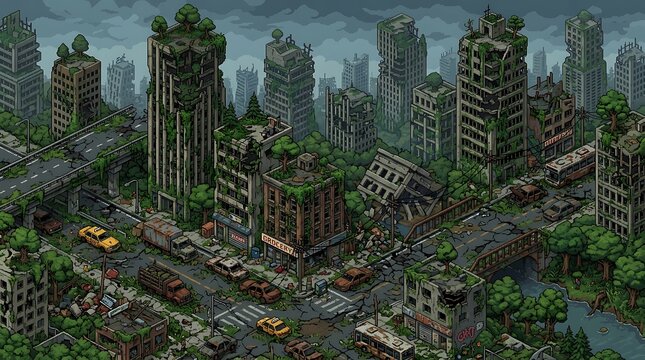 Abandoned city ruins filled with overgrown vegetation and broken down urban vehicles