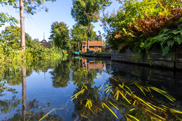 Low angle view through clear canal water shows green plants reflections while wooden boat tourists passes under rustic bridge. Boatman steers gondola along calm Spreewald waterway sunny countryside © Kyryl Gorlov