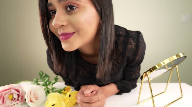 Young woman with a bouquet of roses Close up of happy beautiful lady look at camera blinking eyes with cheerful face expression.