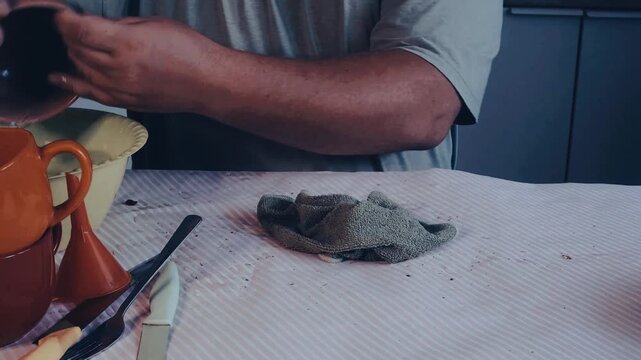 Male hands drying a spoon with a dishcloth.