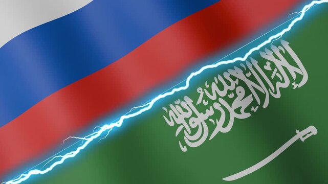 Two waving flags Russia and Saudi Arabia with diagonal lightning seamless, 4k loop