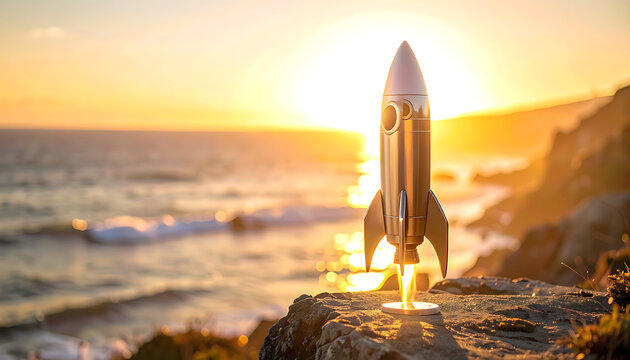 Toy rocket ship poised for launch on a rocky cliff overlooking the ocean at sunset, symbolizing space exploration, innovation, and adventure