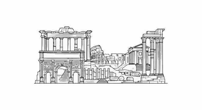 Ancient ruins with columns, arches, and a partial amphitheater depicted