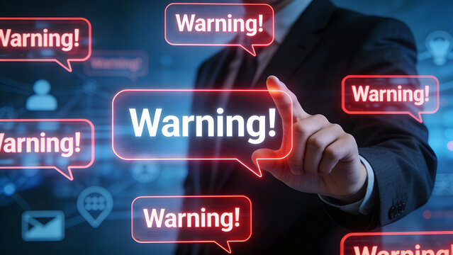 Warning alert notification concept with businessman touching danger messages, risk management, system error and cybersecurity threat
