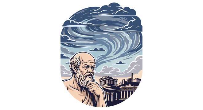 Ancient thinker ponders storm clouds above classical architecture