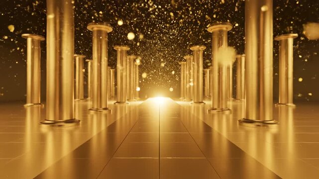 Golden columns in a symmetrical hall perfect for UI/UX design and motion graphics