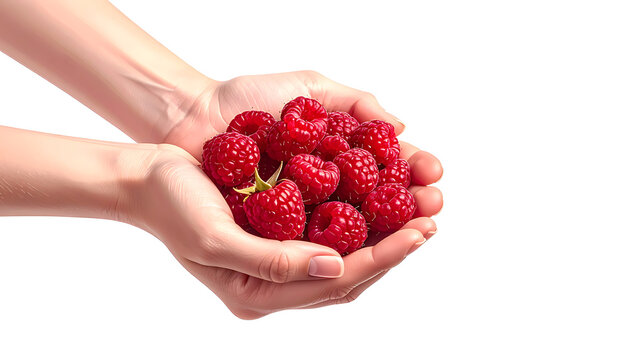 Two cupped hands gently holding a generous pile of ripe, red raspberries, showcasing fresh, healthy fruit on a clean background