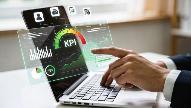 KPI Performance Indicator Dashboard with Risk Gauge and Analytics Charts on Laptop, Business Monitoring and Strategy Evaluation Concept