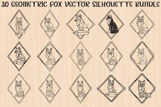 30 geometric fox vector silhouettes, animal icons, black line art, diamond shapes, wood texture background