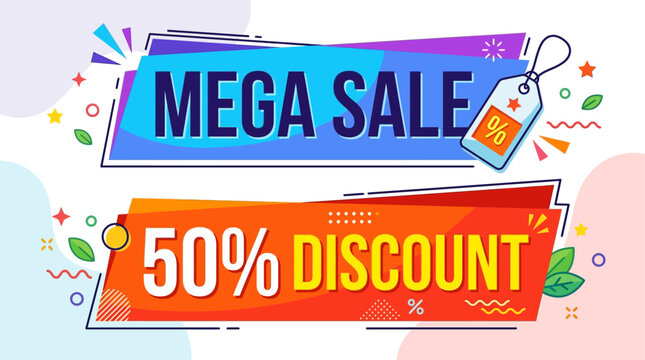 Vibrant MEGA SALE banners display 50% DISCOUNT offers with colorful graphics and festive decorations.
