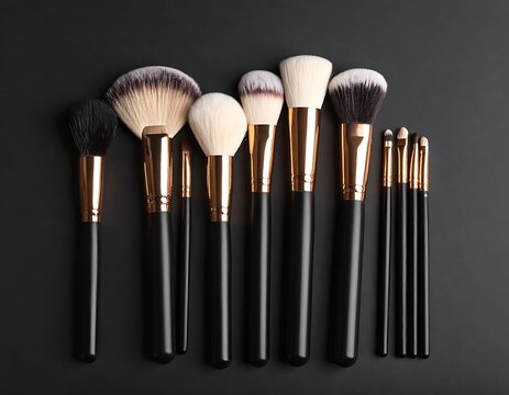 A set of makeup brushes with black handles and gold accents