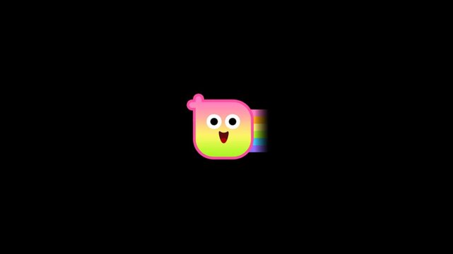 Animated smiling cartoon chick with rainbow gradient flying across black background