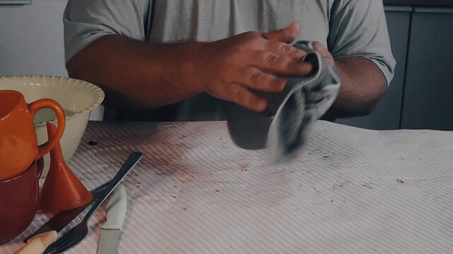 Male hands drying a spoon with a dishcloth.