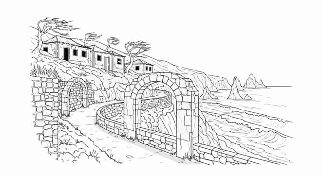 Ancient stone archway path leads to wind-swept seaside dwellings